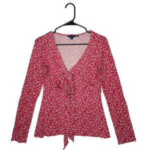 Boden Soft Stretchy Top Tie Front Size 10 Red Floral Long Sleeve V-Neck Boho